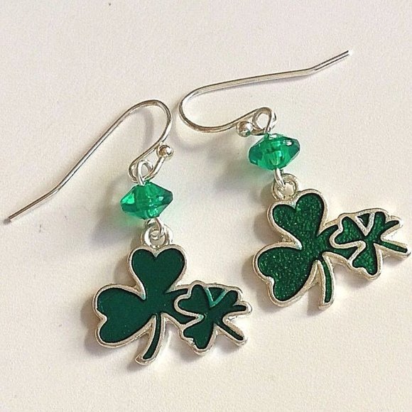 Irish Shamrock Hypoallergenic Earrings Celtic St Patricks Green Silver Plated - Picture 10 of 12